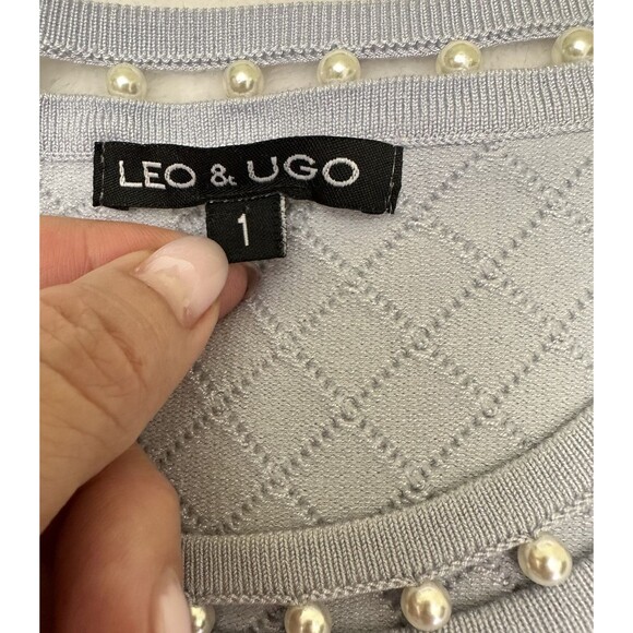 Leo & Ugo Women's Light Blue Textured Short Sleeve Pearl Neckline Sweater Sz M - Picture 7 of 16